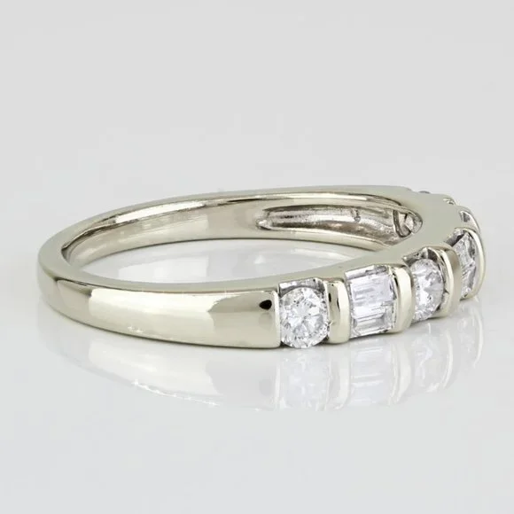 14k White Gold Baguette + Round-cut Diamond Bridal Wedding Band Ring - Picture 5 of 8